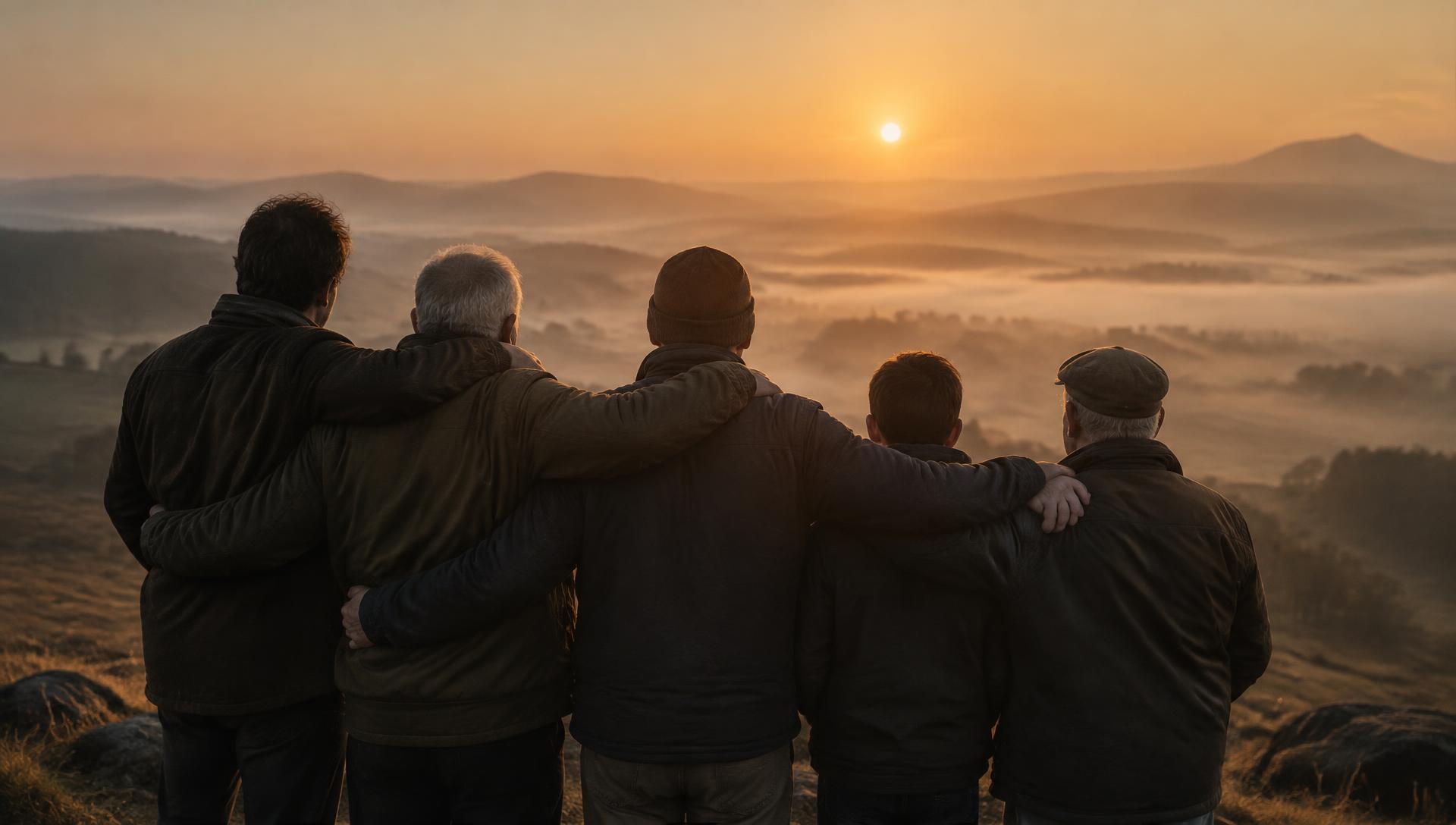 A group of men of different generations, arms around each other's shoulders, facing a misty sunrise